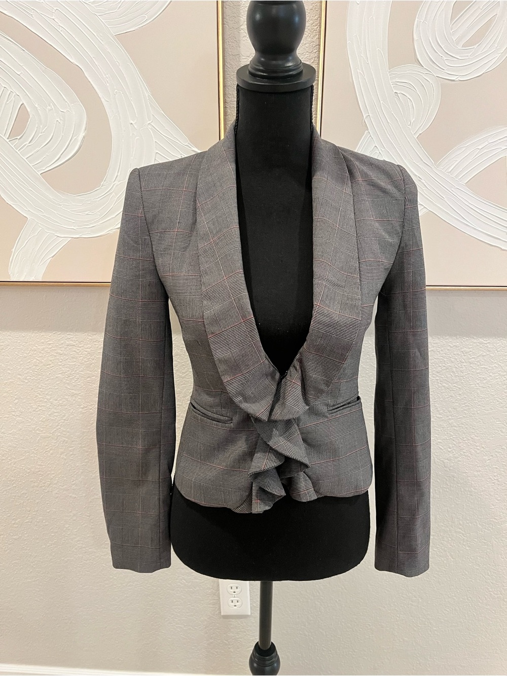 H&M Gray Plaid Ruffle-Front Blazer